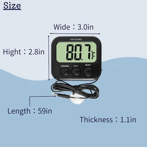 Vista 4 de Termómetro digital HATUSOKU con sensor externo, imán, ventosa, termómetro de agua, para acuario, refrigerador, congelador (negro)