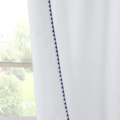 Vista 5 de Arlene - Cortina bohemia con borde bordado cosido azul para ventana, par de paneles de borlas blancas, cada uno de 42 pulgadas de ancho x 84
