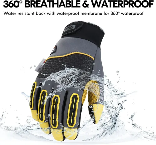Vista 3 de Vgo... Guantes de trabajo de invierno para hombres, guantes de trabajo de seguridad impermeables para clima frío, guantes para congelador, cuero