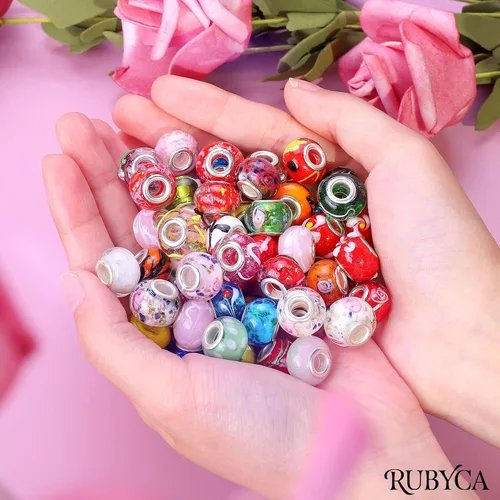 Vista 4 de RUBYCA Cuentas de Murano para hacer joyas, cuentas de vidrio de agujero grande para pulseras de cadena de serpiente europea, fabricación de pulseras
