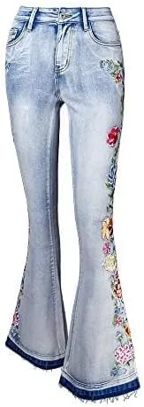 Vista 5 de Jeans acampanados para mujer, jeans bordados florales, elásticos, acampanados, talla grande, pantalones de mezclilla de pierna ancha Y2K
