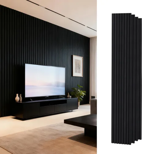 Vista 8 de Paneles de pared de listones de madera de ébano, paneles acústicos modernos oscuros para decoración del hogar, 47 x 24 pulgadas, paquete de 4