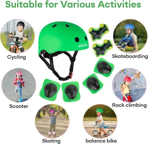 Vista 6 de KAMUGO - Casco de bicicleta para niños, casco para niños pequeños de 2 a 8 años, para niños y niñas, con equipo de protección deportiva, rodilleras