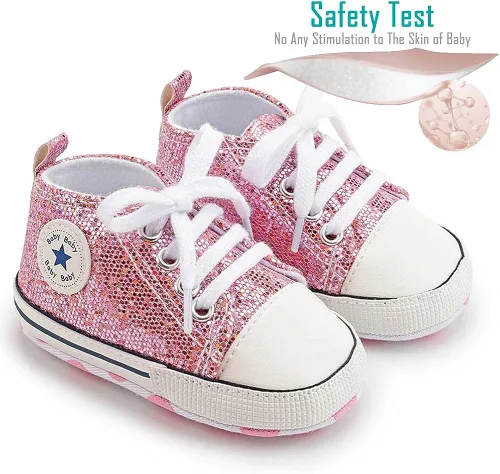 Vista 3 de Zapatos de lona para recién nacidos, para niños y niñas, suela suave, sin cordones, para primeros pasos, zapatos planos para cuna, de mezclilla