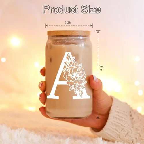 Vista 5 de Taza de Vidrio Inicial Coolife, Regalos Personalizados para Mujeres, Tazas de Vidrio de 16 oz con Tapas y Popotes, Taza para Café Helado, Licuado