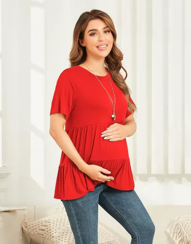 Vista 5 de Xpenyo Blusas de maternidad para mujer, de manga larga, estilo casual, para embarazadas, para otoño, a la moda, cuello redondo, blusas elegantes