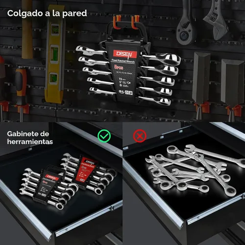 Vista 4 de DISEN Juego de 10 llaves de trinquete SAE y métricas con organizador de estante, acero CR-v premium, 12 puntos, 72 dientes, extremo de caja