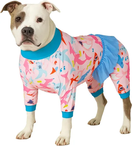 Vista 18 de LovinPet Pijamas Grandes para Perros – Camisa de unicornio para perro, mameluco de recuperación poscirugía, sirenas y unicornios estampado Azul