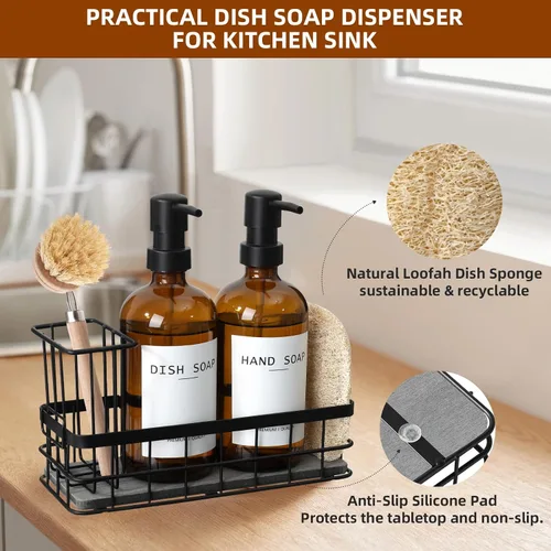 Vista 6 de Dispensador de jabón para platos para cocina, dispensadores de jabón de manos y platos ámbar de 16.9 onzas líquidas, juego de dispensador de jabón