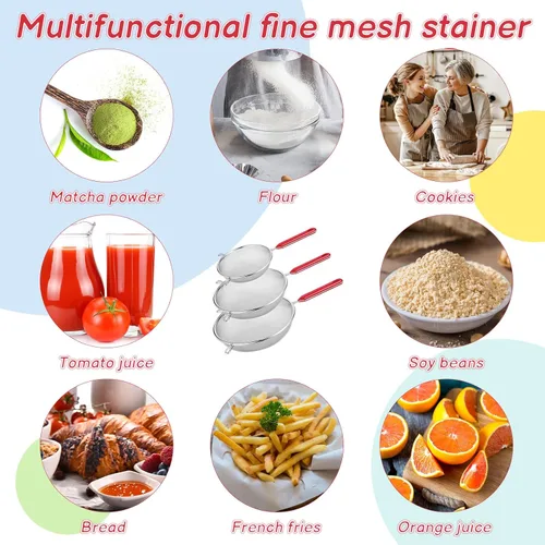 Vista 5 de 3 coladores de malla fina de acero inoxidable para cocina, tamiz fino de metal multiusos con asa, perfecto para alimentos, arroz, quinua