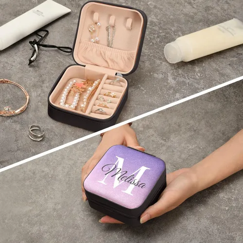 Vista 8 de Estuche de joyería de viaje personalizado de piel sintética con degradado morado caja de joyería portátil personalizada organizador de viaje caja