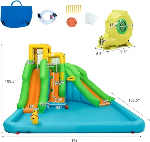 Vista 4 de Boundtech - Casa inflable para saltar, para usar en la alberca, con dos toboganes, pared de escalada, aro de baloncesto, alberca para sambullirse