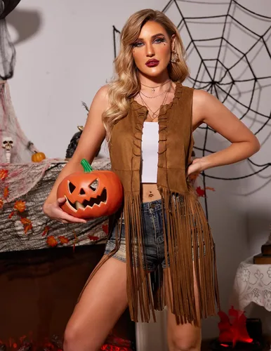 Vista 4 de HOTOUCH Women Fringe Vest 70s Hippie Costume Faux Suede Sleeveless Tassels Cardigan Cowgirl Western Tops