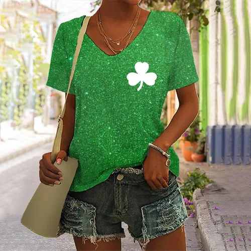 Vista 3 de QWENTMTNTY Camiseta de manga corta con cuello en V para mujer, con estampado de lentejuelas, casual, festiva, bandera irlandesa, trébol