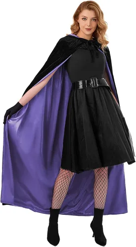 Vista 4 de DailyValley Capa negra con capucha para hombre en Halloween, capa de bruja de terciopelo para cosplay
