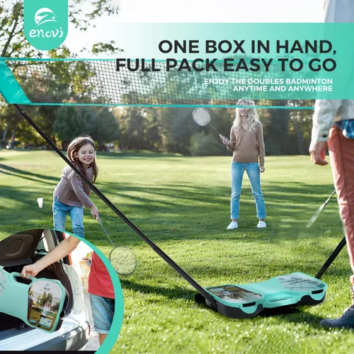 Vista 6 de Juego de bádminton ENOVI EasyGo, con red, 4 raquetas, 4 volantes, caja de almacenamiento portátil, para patios, juegos de exterior, juegos de jardín