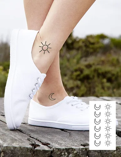 Vista 4 de 36 tatuajes de sol y luna, 3 hojas de transferencia de agua, arte minimalista para el cuerpo pequeño, impermeable, tatuajes falsos temporales