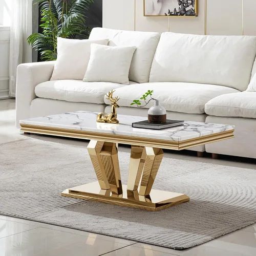 Vista 58 de SSLine Mesa de Centro Rectangular de Mármol Sintético para Sala de Estar, Mesa Central Moderna de Mármol Blanco de Lujo con Base Doble en Forma de U