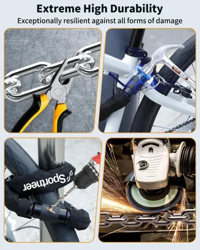 Vista 5 de Sportneer Candado para bicicleta: Candado de cadena de bicicleta de alta seguridad de 8mm de grosor con 2 llaves - 0.97/1.2 metros de largo, candado