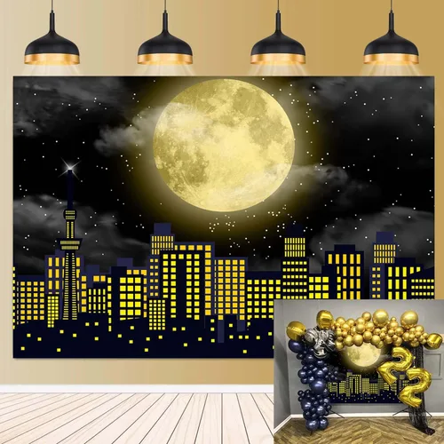 Vista 8 de Telón de fondo de superhéroe de Super City para fotografía, 7 x 5 pies, color amarillo, luna llena, horizonte, paisaje urbano, fondo de foto, baby