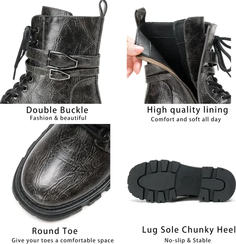 Vista 6 de Botas de combate para mujer, botas rave para mujer, botas de motocicleta de moda, con hebilla, góticas, tacón grueso