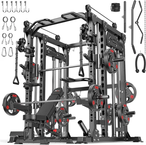 Vista 30 de Rack Multiusos para Sentadillas, Conjunto de Rack de Pesas Smith Machine con Sistema de Crossover de Cables, Racks de Potencia para Gimnasio