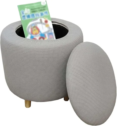 Vista 9 de Funda otomana redonda, fundas elásticas para otomanas, 2 piezas, fundas protectoras para reposapiés a cuadros suaves con parte inferior elástica