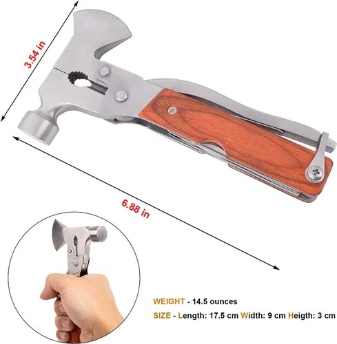 Vista 3 de Martillo multiherramienta, accesorios de equipo de campamento, kits de supervivencia, herramienta multifunción 14 en 1, mango de madera plegable