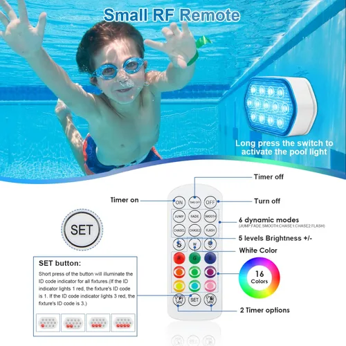 Vista 6 de QOLNBY - Luces de piscina con control remoto, batería de 2600mAh, impermeables IP68 de 16 colores para bañera de hidromasaje y piscina enterrada - 1