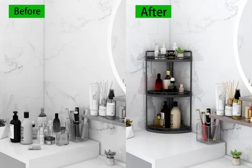 Vista 7 de Dorhors Organizador de baño esquinero de 3 niveles para almacenamiento, bandeja de tocador, organizador de encimera de madera para cocina, baño