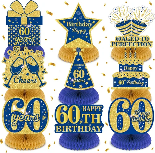 Vista 8 de 9 piezas de decoración de cumpleaños azul marino dorado 18 centros de mesa de panal para decoración de mesa, decoraciones de feliz cumpleaños 18