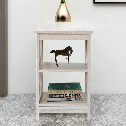 Vista 3 de Rainbow Sophia Mesa auxiliar, moderna mesa auxiliar de madera de granja con almacenamiento de 3 niveles, roble blanco
