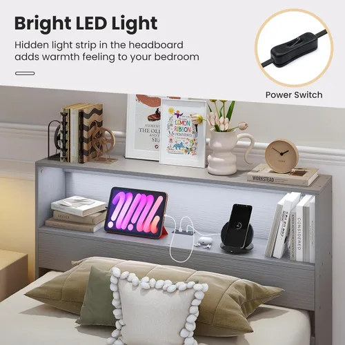 Vista 7 de Giantex Base de cama individual con cabecera de almacenamiento, plataforma de madera con estación de carga y luz LED, cama individual con soporte