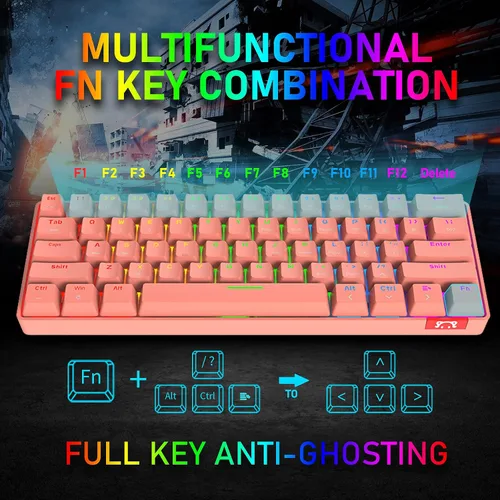 Vista 7 de Teclado mecánico inalámbrico 60% de modo dual BT5.0USB-C para juegos con retroiluminación arco iris, compacto, 61 teclas, ergonómico, recargable