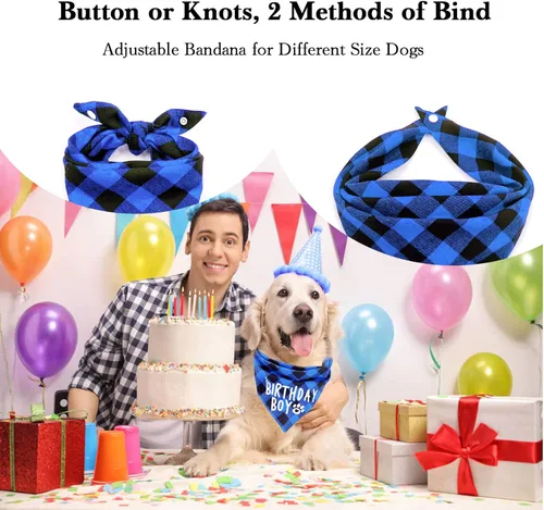 Vista 2 de AnF Bandana de Cumpleaños a Cuadros para Perro y Pañuelo Triangular para Perro - Algodón Suave, Doble Capa, Bandanas Lavables con Botón Ajustable