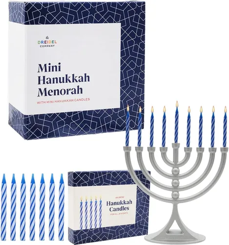 Vista 9 de Paquete de 2 mini menorá de plata mate Hanukkah con velas clásicas de 5 pulgadas, ideal para viajes, centro de mesa de decoración de Hanukkah