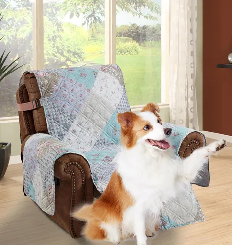 Vista 21 de Brilliant Sunshine Blue Toile Funda Acolchada con Quilted para Silla, 23 pulgadas de Ancho de Asiento, Protector de Muebles Antideslizante, Correa