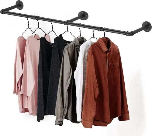 Vista 8 de Perchero de ropa montado en la pared de 36" con tubo industrial, organizador de ropa negro de hierro resistente que ahorra espacio, barra