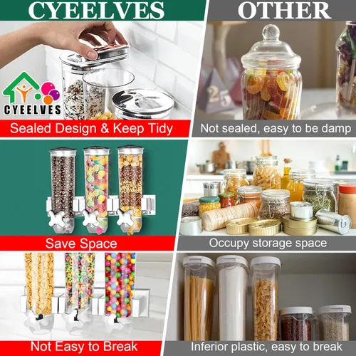 Vista 6 de Dispensador de alimentos montado en la pared, dispensador de cereales con taza, dispensador de alimentos secos montado en la pared, dispensador