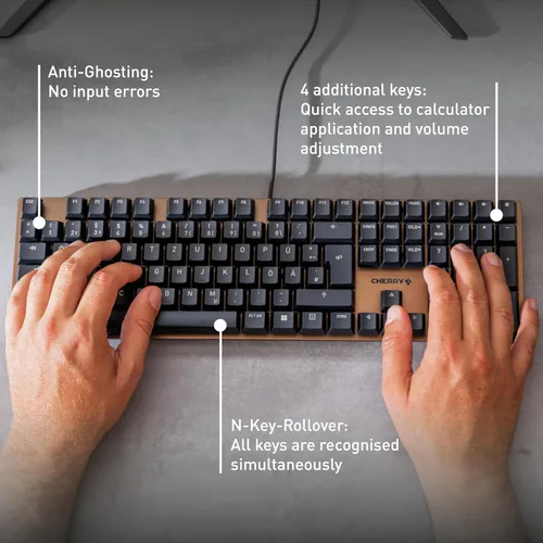 Vista 5 de Teclado mecánico de oficina Cherry KC 200 MX con nuevos interruptores MX2A. Diseño moderno con marco de placa metálica.