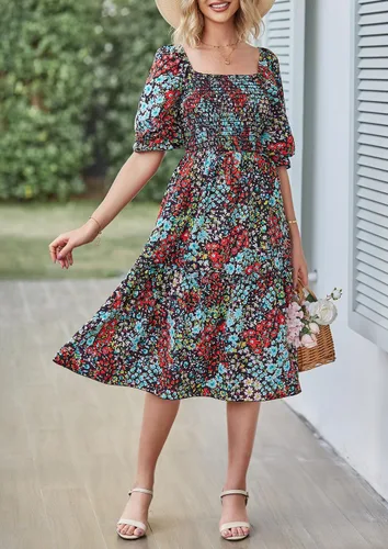 Vista 2 de PRETTYGARDEN - Vestidos informales de verano y primavera para mujer, manga abombada, cuello cuadrado, acampanados, bohemios, florales, fruncidos