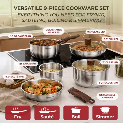 Vista 8 de SUNHOUSE 9pcs 3-Ply Clad Stainless Steel Cookware Set w/Detachable Handle