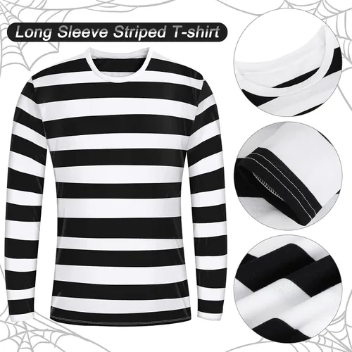 Vista 2 de URATOT Juego de disfraz de ladrón de Halloween para adultos, color negro, blanco, camiseta a rayas, guantes, cubierta facial, bolsas, dinero