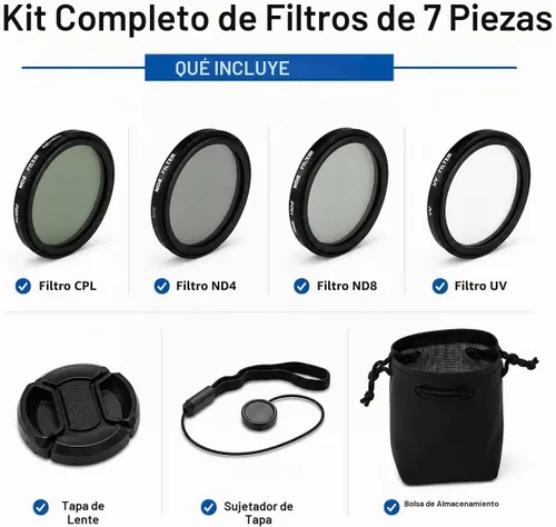Vista 2 de Kit de filtro de 1.457 in para drones DJI Phantom serie 3. El kit incluye: CPL, ND4, ND8, UV, tapa de lente, protector de tapa + paño de microfibra