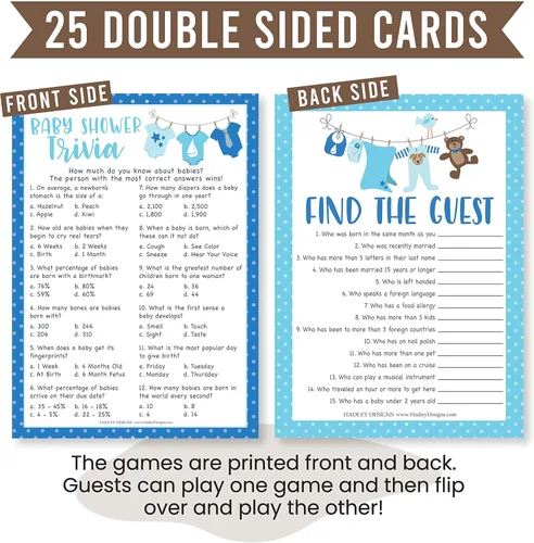 Vista 3 de Hadley Designs Juegos de baby shower para 25 invitados – Juego de trivia Blue Clothesline Boy Baby Shower, Find The Guest Babyshower Game Boy