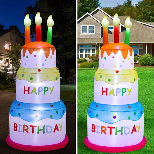 Vista 4 de Pastel inflable de feliz cumpleaños de 6 pies con velas, luces LED integradas, adecuado para decoración de césped en interiores y exteriores