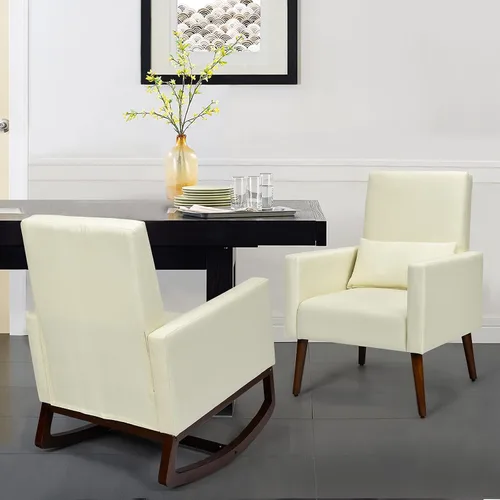 Vista 9 de S AFSTAR Silla mecedora tapizada de tela con respaldo alto con 2 tipos de patas sólidas y almohada, silla moderna de doble uso, sala de estar Beige