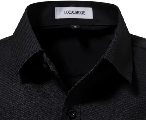 Vista 4 de LOCALMODE Camisa de sarga casual de manga larga para hombre, color sólido, formal, con botones