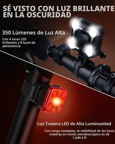 Vista 6 de WSDCAM Bocina de bicicleta de 140 dB con luz delantera y trasera, interruptor de control de campana de bicicleta 2 en 1, luz LED, recargable a