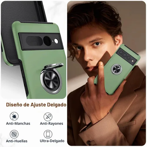 Vista 6 de JAME for Google Pixel 7 Pro Case, Ring Stand Shockproof Slim Phone Case Verde alpino